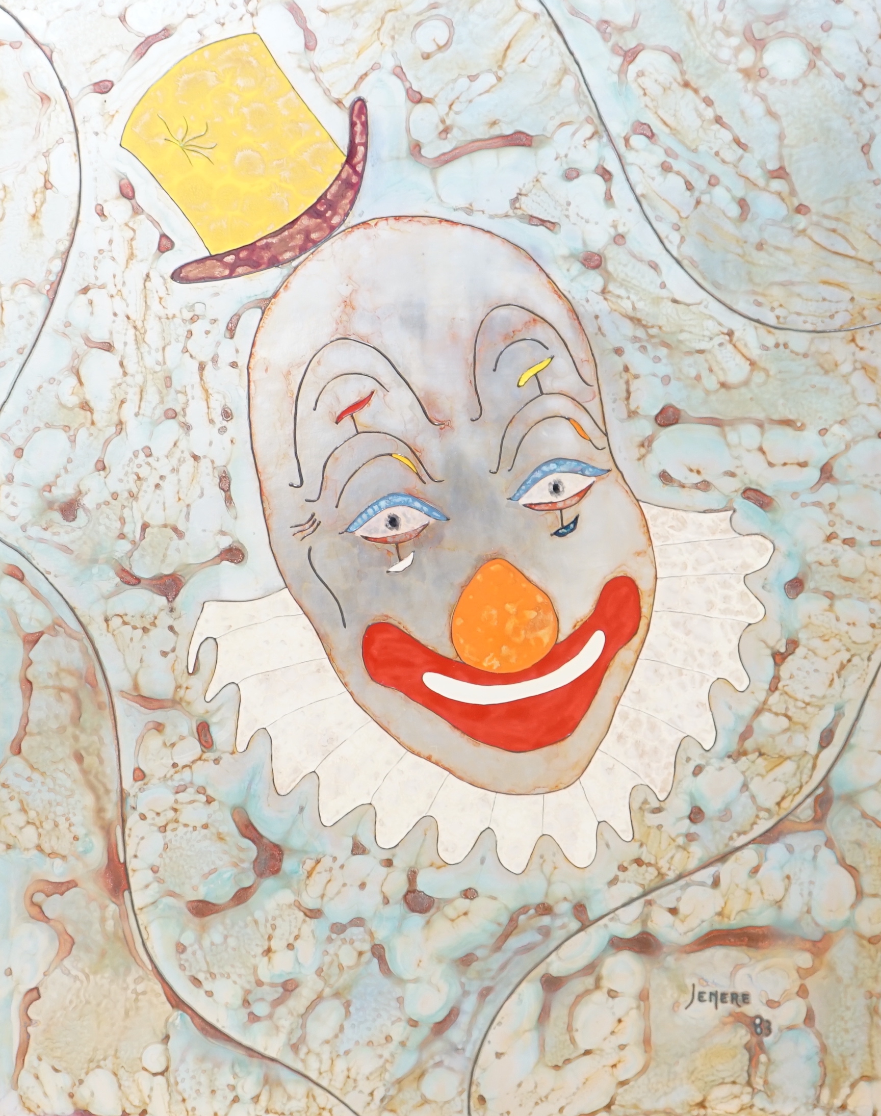 Jean-Philippe Jenere (French, b.1934), painted metal panel, 'Pierrot', signed and dated '83, 80 x 63cm. Provenance: Purchased Bangkok 1987